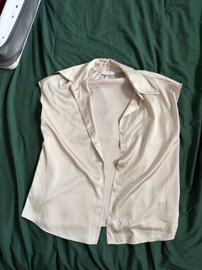 Sleeveless Button-Down Satin Blouse in Light Beige